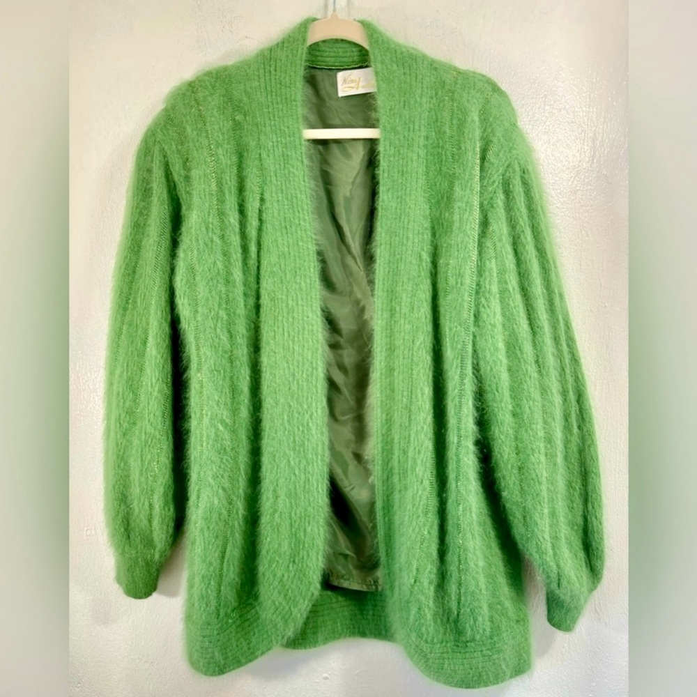 Vtg.Nina Austin-Green fuzzy angora open front jacket with gold metallic thread.S